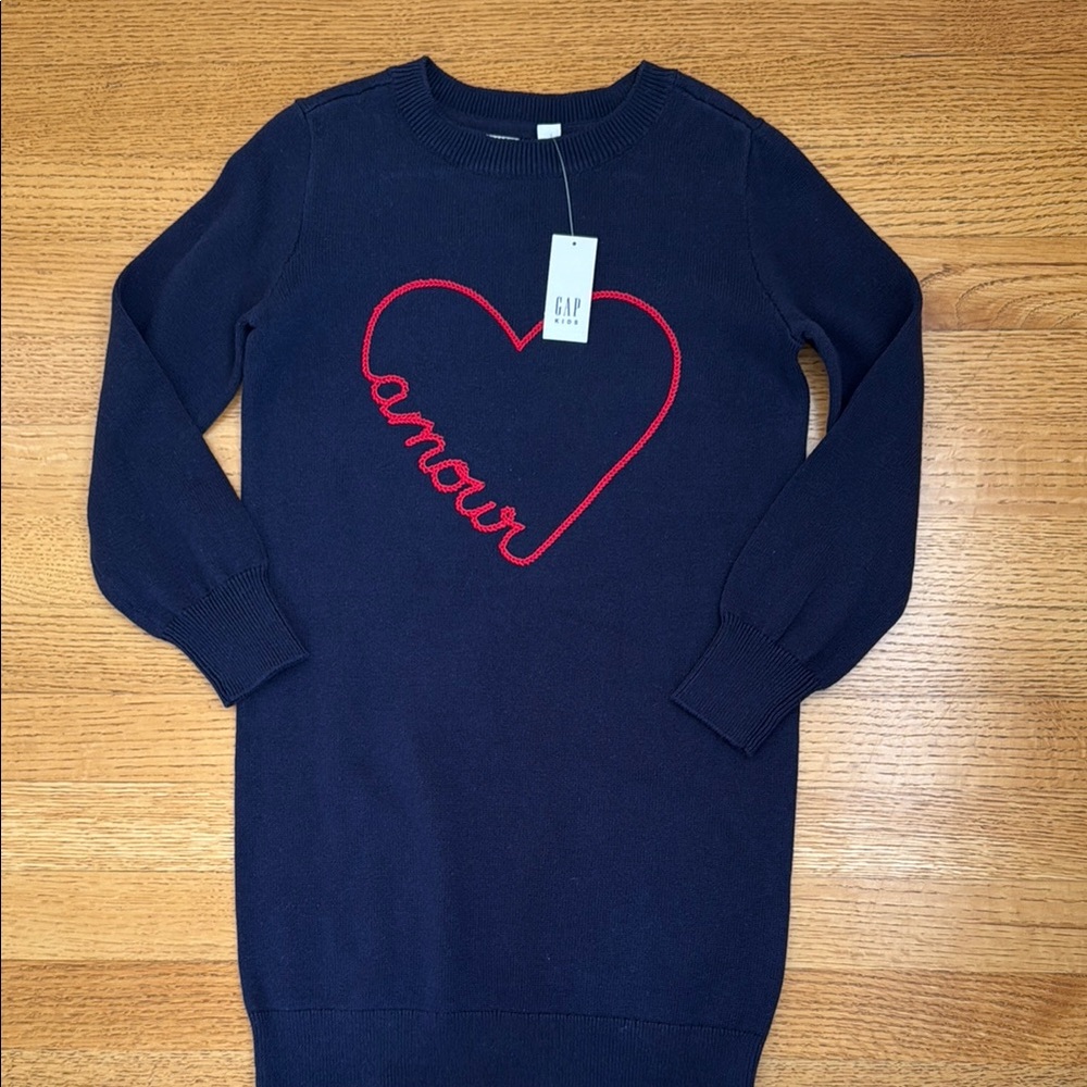GAP Blue and Red Crew Neck Dress with Heart Detail